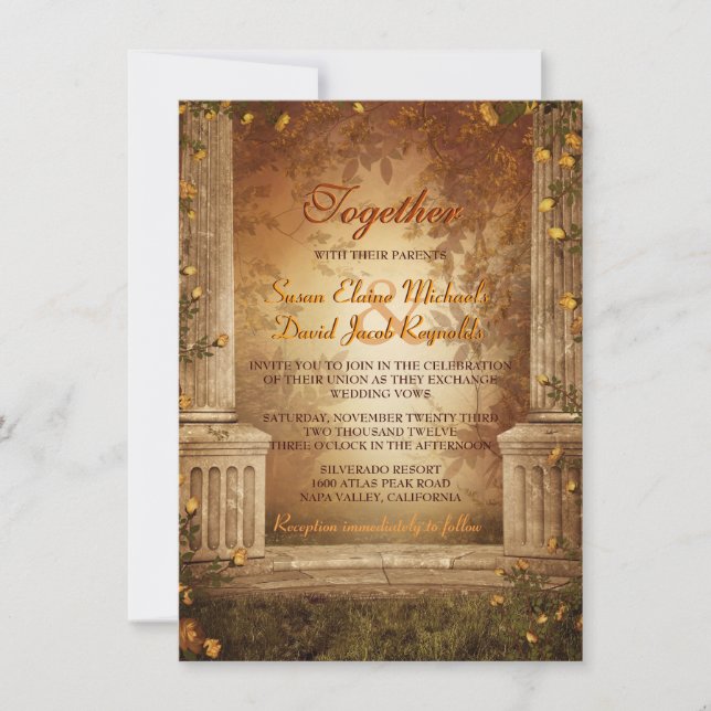 Romantic Autumn Leaves and Columns Wedding Invite (Front)