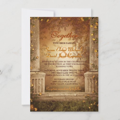 Romantic Autumn Leaves and Columns Wedding Invite