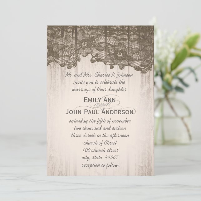 Romantic Barn Wood and Lace Elegant Wedding Invitation (Standing Front)
