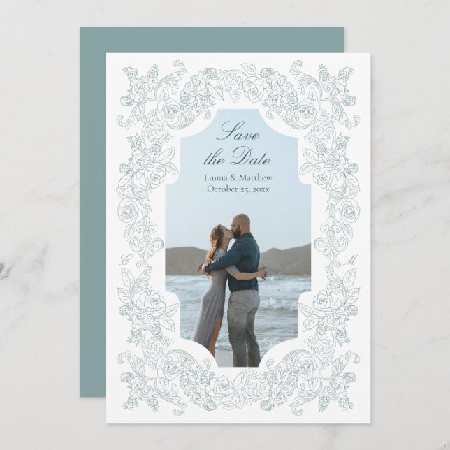 Romantic Baroque Dusty Blue Photo Save The Date (Front/Back)