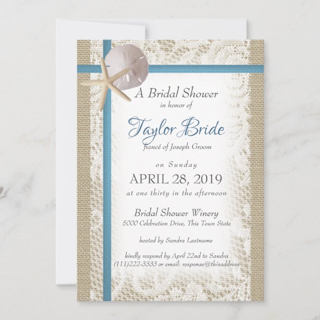 Romantic Beach and Lace Blue Bridal Shower Invitation (Front)