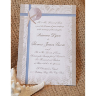 Romantic Beach and Lace Blue Wedding Invitation