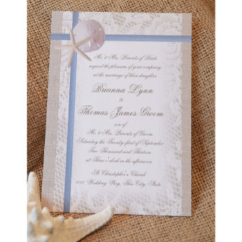 Romantic Beach And Lace Blue Wedding Invitation by happygotimes at Zazzle