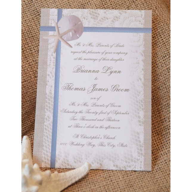 Romantic Beach and Lace Blue Wedding Invitation (Creator Uploaded)