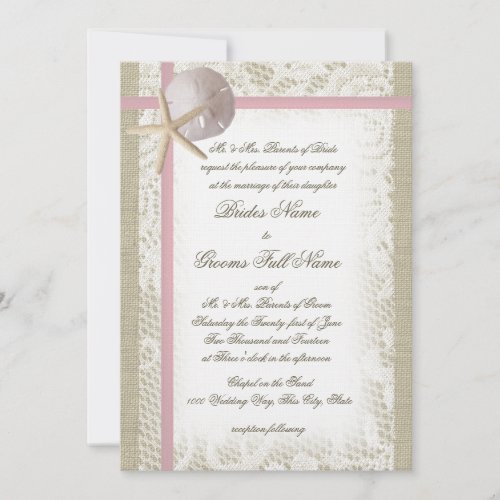 Romantic Beach and Lace Pink Wedding Personalized Announcement