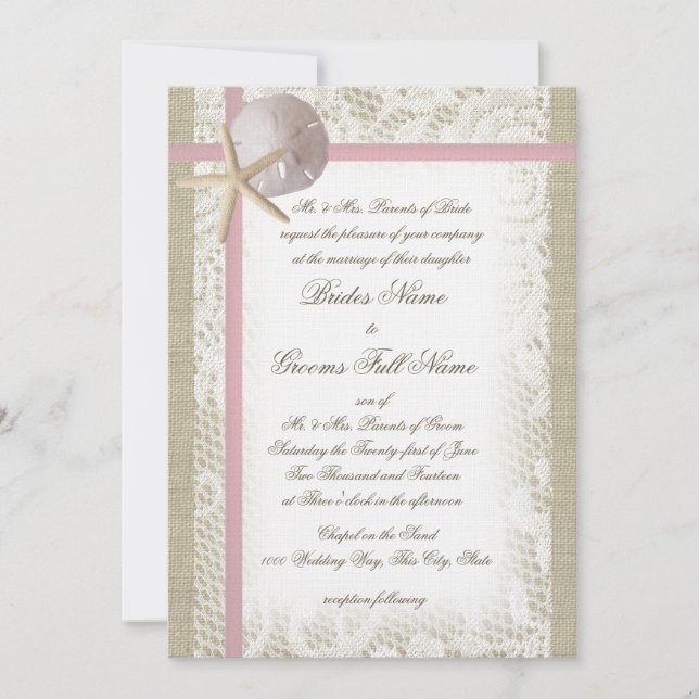 Romantic Beach and Lace Pink Wedding Invitation (Front)