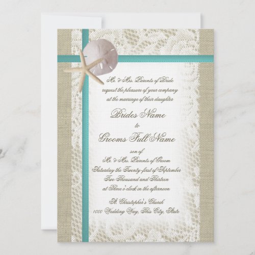 Romantic Beach Burlap and Lace Aqua Personalized Announcements