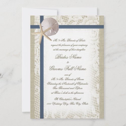 Romantic Beach Burlap and Lace Navy Blue Personalized Invite