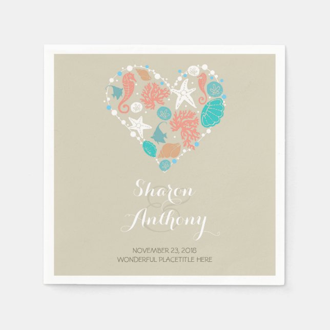 Romantic Beach Heart Wedding Paper Napkins (Front)