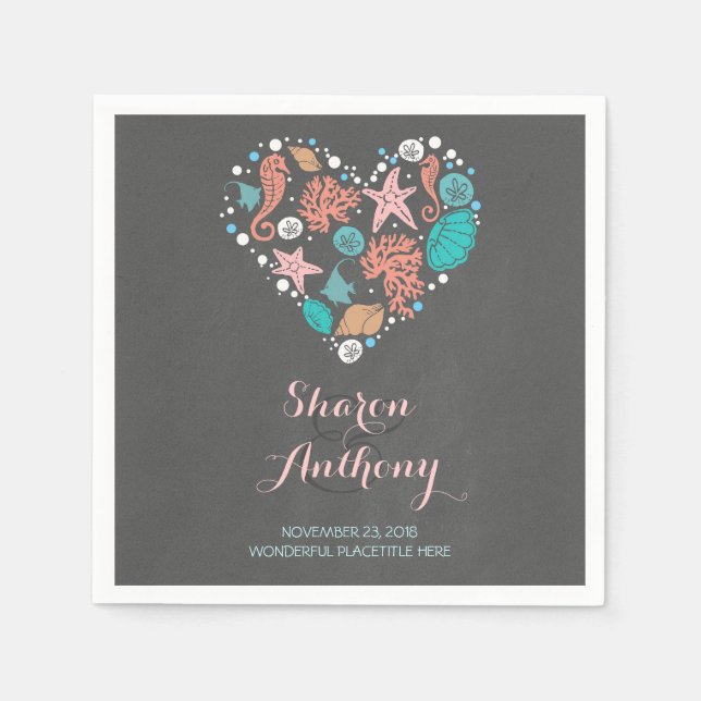 Romantic Beach Heart Wedding Paper Napkins (Front)