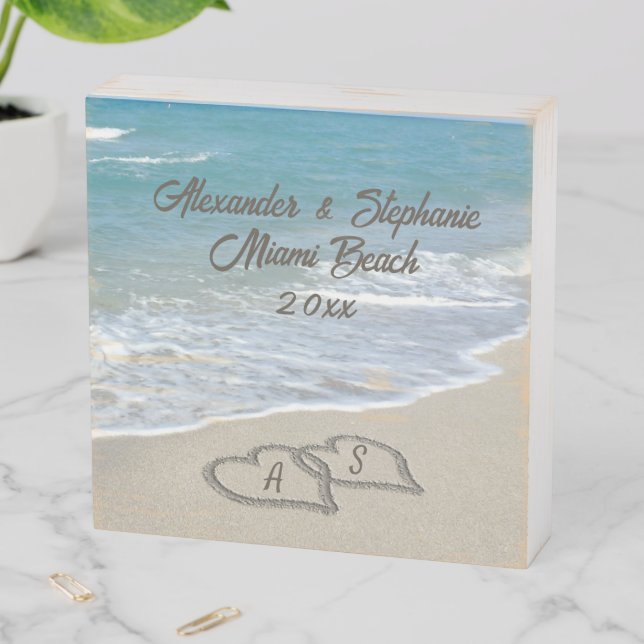 Romantic Beach Hearts Couple Anniversary Wooden Box Sign (In Situ Horizontal)