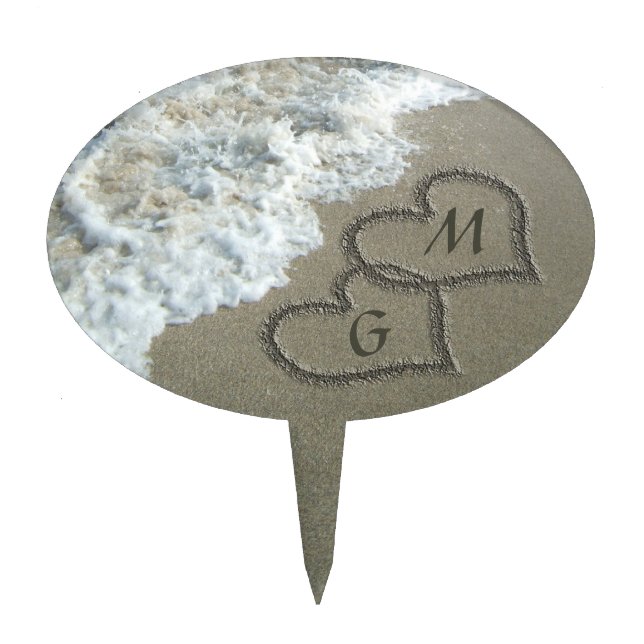 Romantic Beach Hearts, Custom Initials Cake Topper (Front)