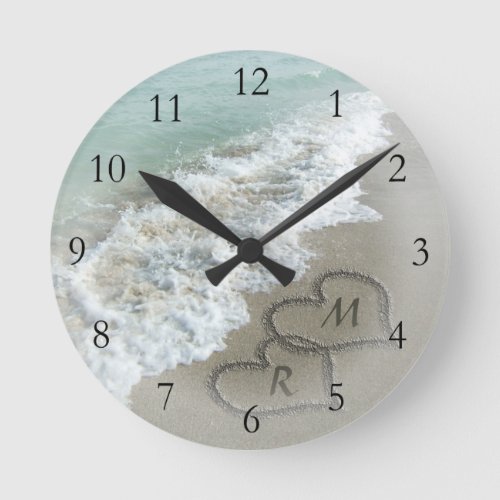 Romantic Beach Hearts Round Clock