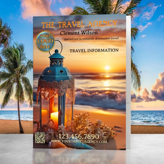 Romantic Beach Honeymoon Travel Agency  Pocket Folder (Pocket folder featuring a romantic beach at sunset with a festive candle lit lantern and shelll)
