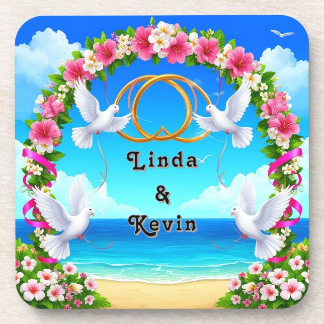 Romantic Beach Ocean Scene with Floral Arch Beverage Coaster (Front)
