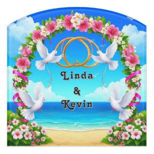 Romantic Beach Ocean Scene with Floral Arch Door Sign