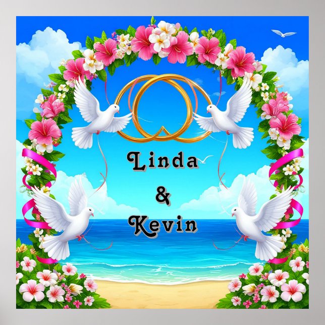 Romantic Beach Ocean Scene with Floral Arch Poster (Front)