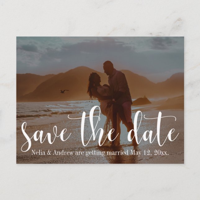 Romantic Beach Photo Typography 30 Save the Date 1 Announcement Postcard (Front)