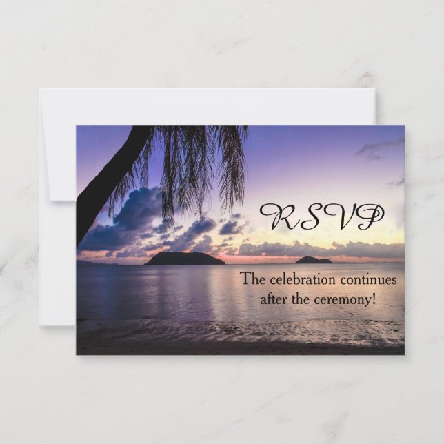 Romantic Beach Purple Sunset Wedding RSVP Card (Front)