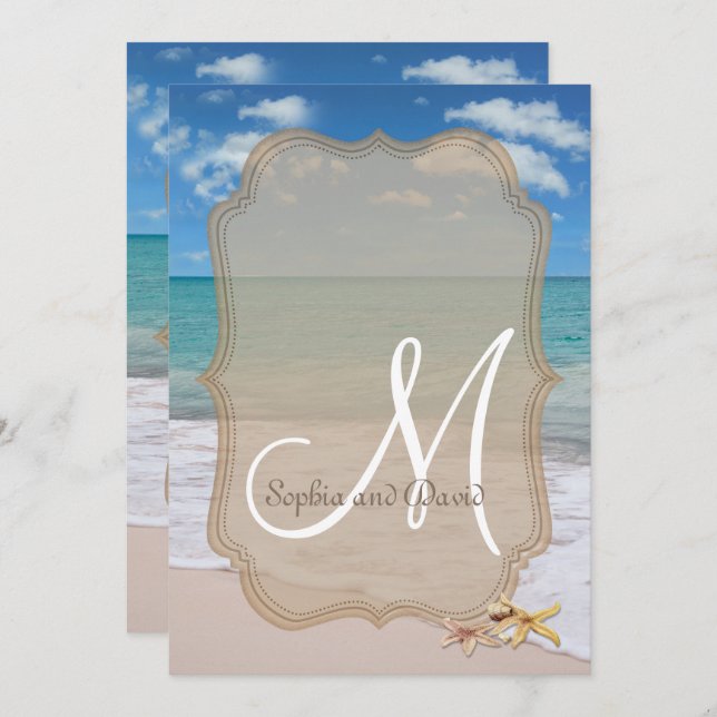 Romantic Beach Starfishes Wedding Monogram Invite (Front/Back)