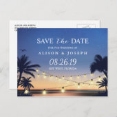 Romantic Beach Sunset String Lights Save the Date Announcement Postcard (Front/Back)