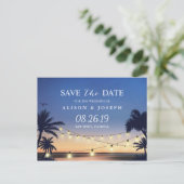 Romantic Beach Sunset String Lights Save the Date Announcement Postcard (Standing Front)