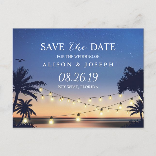 Romantic Beach Sunset String Lights Save the Date Announcement Postcard (Front)