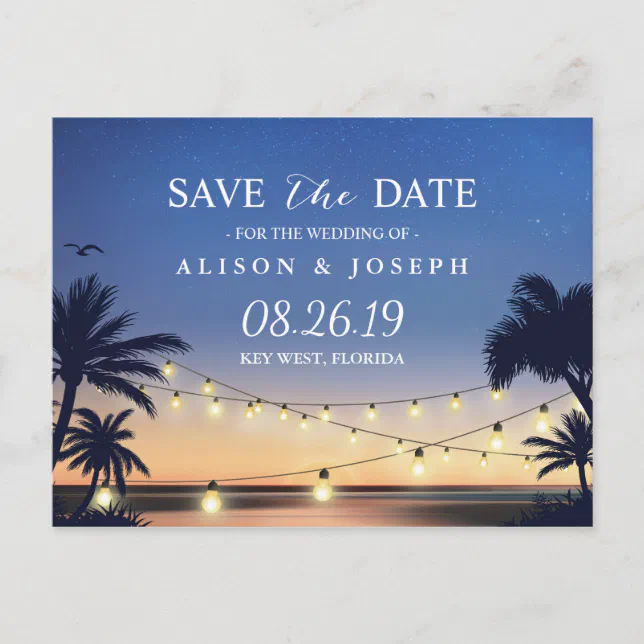 Romantic Beach Sunset String Lights Save The Date Announcement Postcard