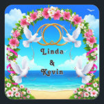 Romantic Beach Wedding Bridal Gift, Wedding Favor Square Sticker<br><div class="desc">Celebrate love with this romantic beach wedding sticker featuring a scenic coastal setting adorned with a floral arch, flying doves, and interlocking wedding rings. This elegant design captures the beauty and serenity of a seaside ceremony, making it perfect for weddings, engagements, and bridal celebrations. Ideal for decorating invitations, favor bags,...</div>