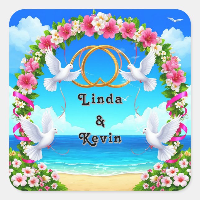 Romantic Beach Wedding Bridal Gift, Wedding Favor Square Sticker (Front)