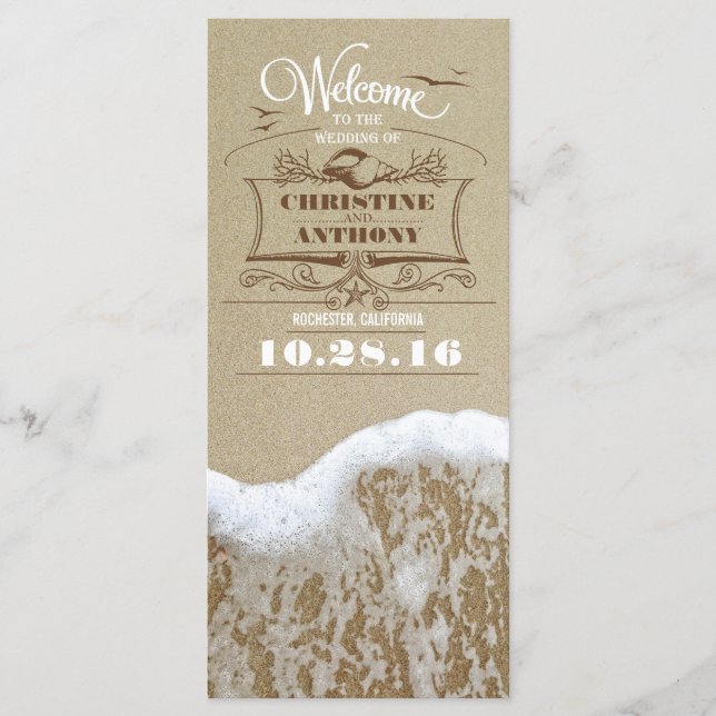 romantic beach wedding programs with sea foam (Front)
