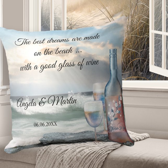 Romantic Beach Wine Fine Art Wedding Pillow (Romantic pillow featuring a painting of a beach with a wine bottle and two glasses - original art)