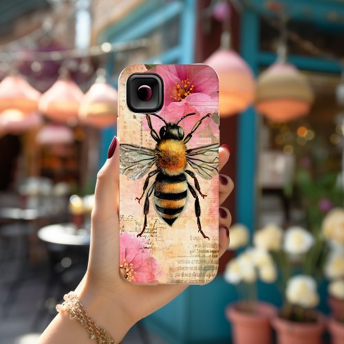 Romantic Bee Pink Floral  Antique Papyrus Paper iPhone 15 Plus Case
