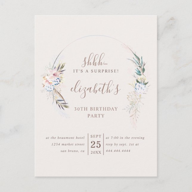 Romantic Beige Blossom Watercolor Surprise Party Invitation Postcard (Front)