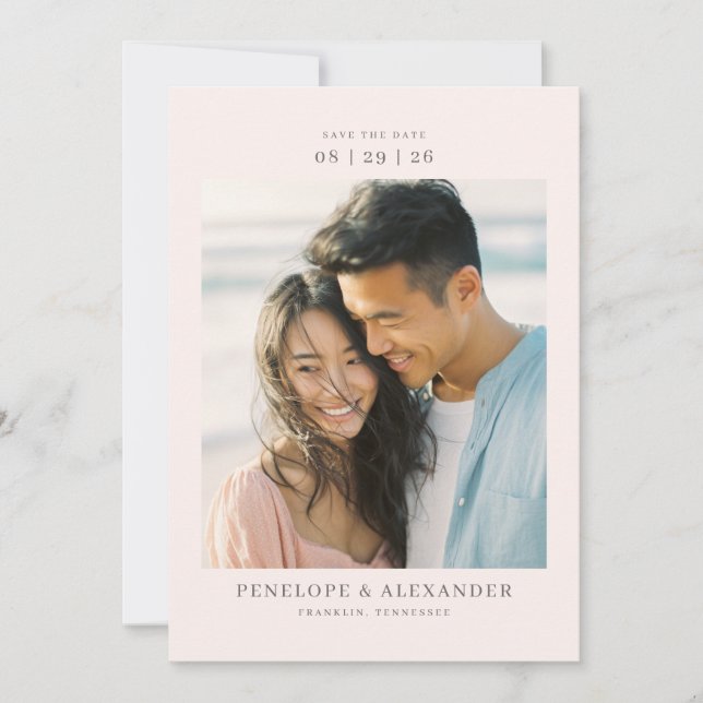 Romantic Beige Minimalist Photo Save The Date (Front)