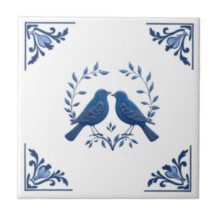 Romantic Bird Pair Delft Blue White Floral Corner Ceramic Tile
