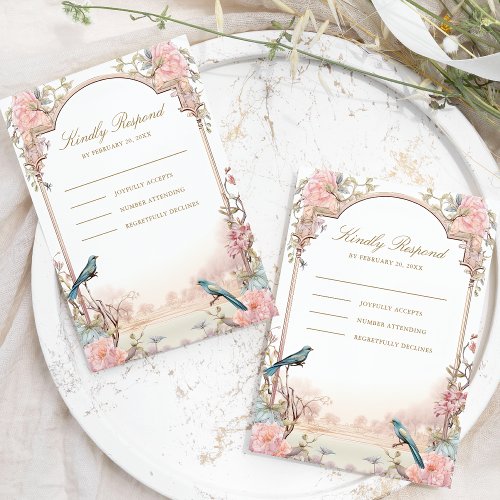 Romantic Birds Blush Pink Floral Wedding RSVP Card