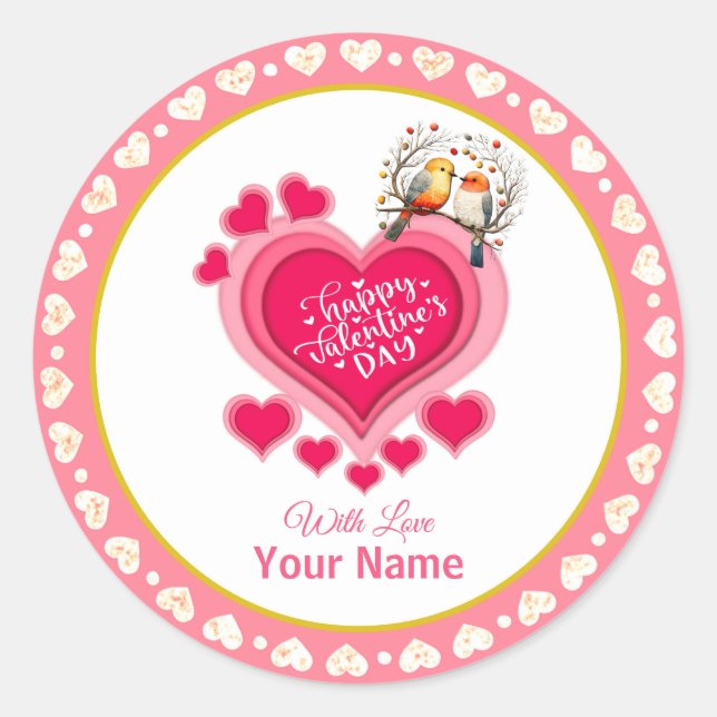 Romantic Birds on Branch Valentine's Day and Heart Classic Round Sticker (Front)