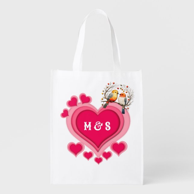 Romantic Birds on Branch Valentine's Day and Heart Grocery Bag (Front)