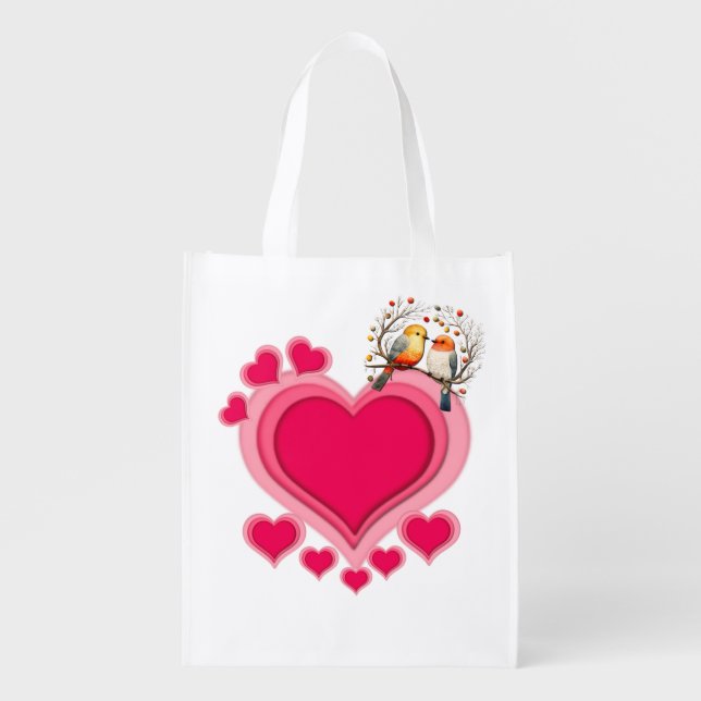 Romantic Birds on Branch Valentine's Day and Heart Grocery Bag (Front)