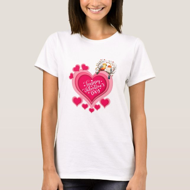 Romantic Birds on Branch Valentine's Day and Heart T-Shirt (Front)