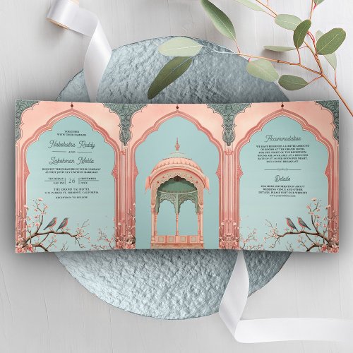Romantic Birds Pink Gazebo Indian Palace Wedding Tri_Fold Invitation