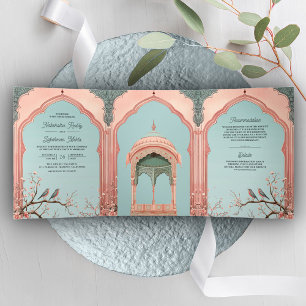 Romantic Birds Pink Gazebo Indian Palace Wedding Tri-Fold Invitation