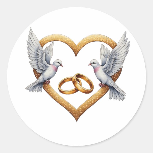 Romantic birds with Heart Shape, Wedding Rings Classic Round Sticker (Front)