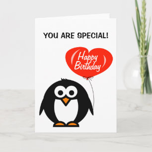 Romantic birthday card penguin and heart balloon
