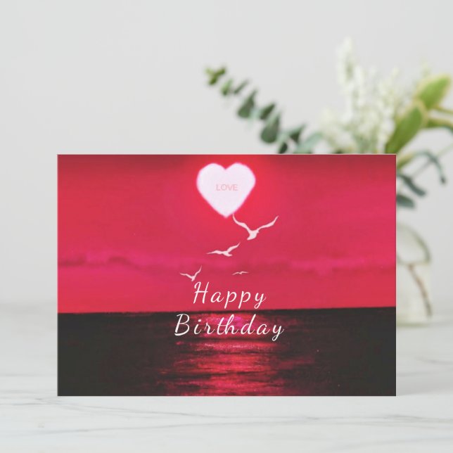 Romantic Birthday Card Red Sea Sunset Love Heart (Standing Front)
