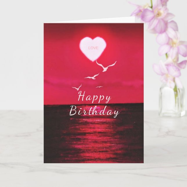 Romantic Birthday Card with Sunset Love Heart (Orchid)