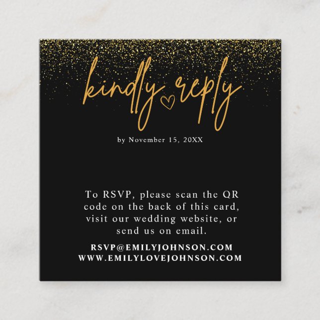 Romantic Black and Gold QR Code Wedding RSVP Enclosure Card (Front)