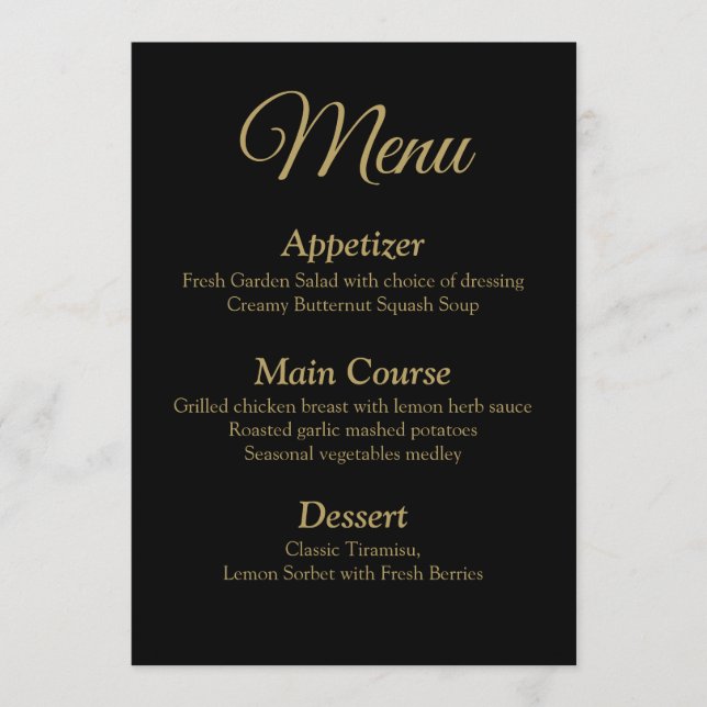 Romantic Black and Gold Wedding Menu Card (Front)
