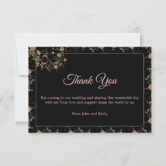 Romantic Black and Tea Pink Floral Wedding Thank You Card